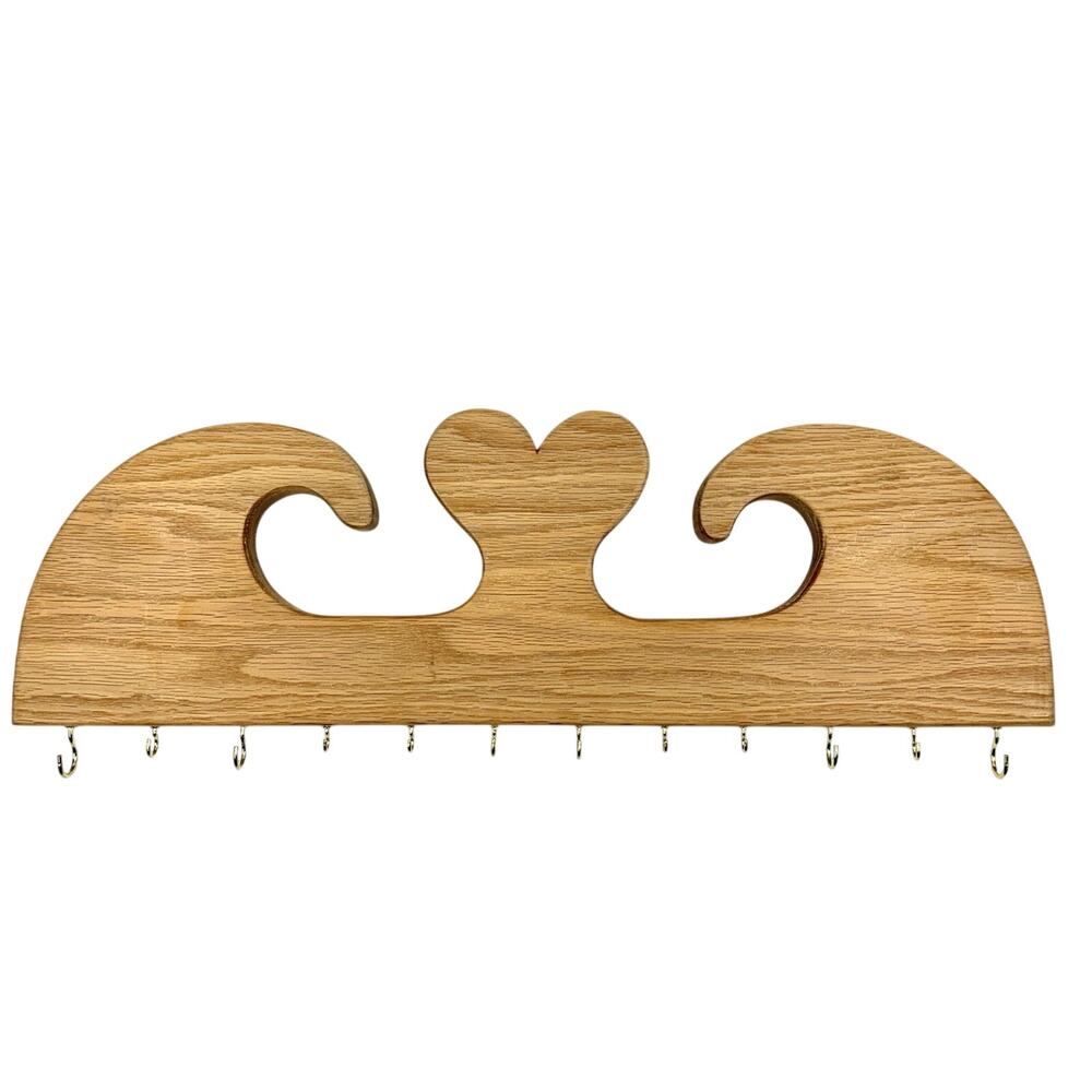 Handmade Solid Oak Wall Heart Brass Hooks Country Pediment 20” Cottage Core